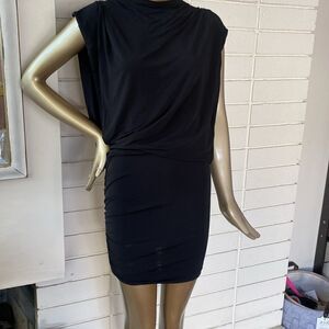 All Saints black viscose body con cowl back mini w/side boob.